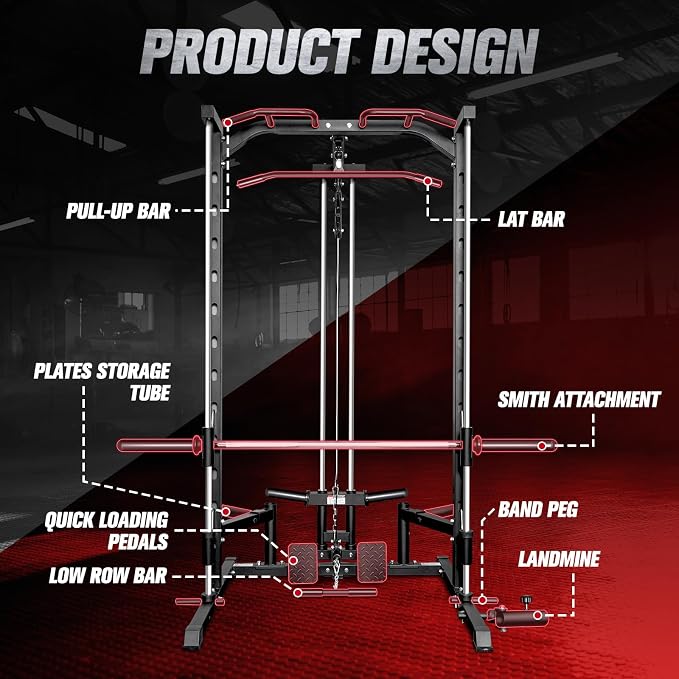 RitFit Smith Machine Power Rack with LAT-Pull Down System | Half Smith Machine with Landmine, Barbell Bar, Plate Storage Pegs and More Training Attachment