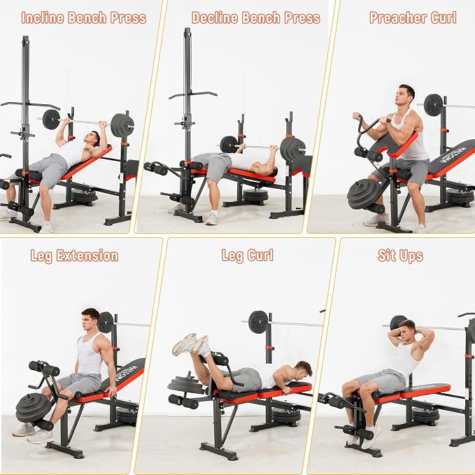 MAIDOMA Multi-Function 8 in 1 Foldable Weight Bench Set with Leg Extension | Foldable Bench Press with Rack, Adjustable Flat Incline Decline Workout Bench Set for Home Gym.（US Stock）