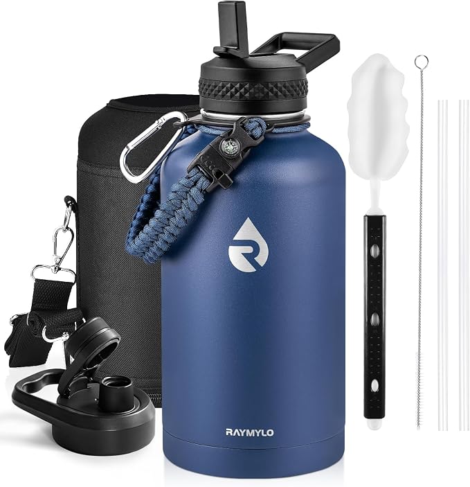 RAYMYLO Insulated Water Bottle 64 oz, Triple Wall Vacuum Stainless Steel | (Cold for 48 Hrs), Leak Proof & Non-BPA, Half Gallon Water Flask Jug with Paracord Handle & Straw Spout Lids, Navy Blue