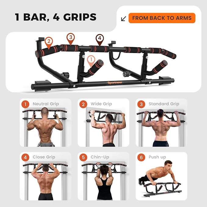 Sportneer 2026 Upgrade Pull up Bar for Doorway with Folding Handle, Door Pull up Bar Door Frame Multi-grip Upper Body Trainer, 440lb, Indoor Fitness for Home Gym Strength Training - US Patent Pending