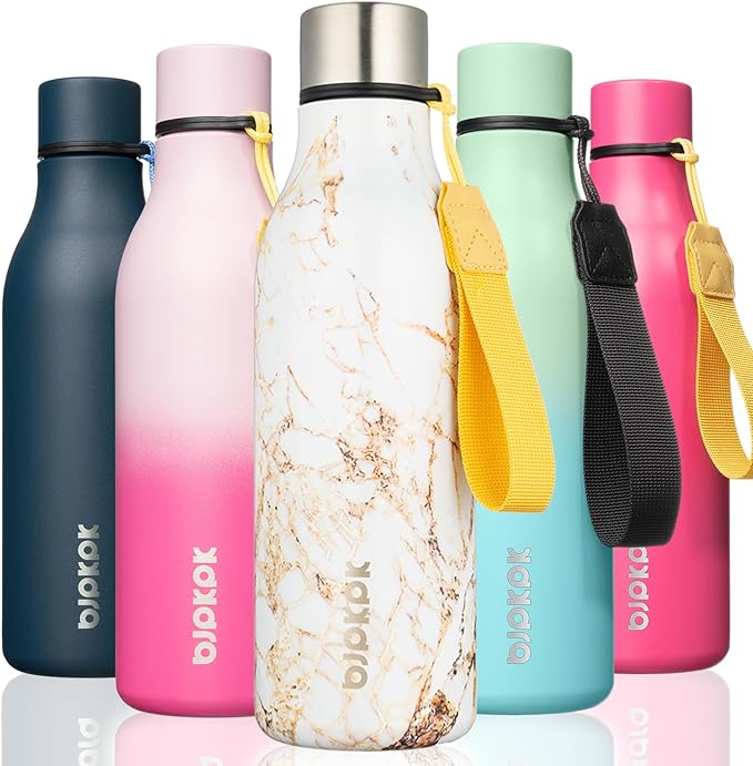 BJPKPK 18oz Insulated Water Bottle, Stainless Steel Bottle with Carry Strap | Keep Cold & Hot Vacuum Insulation, Leak-Proof BPA-Free Design, Slim Bottle Fits Most Cup Holders for Gym, Office & Travel