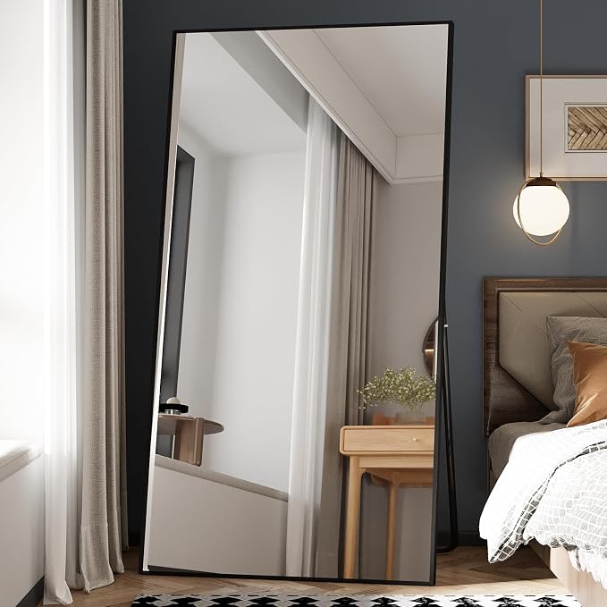 Beauty4U 76" x 37" Full Length Mirror with Stand, Black Large Floor Mirror | Standing, Leaning, or Wall-Mounted Tempered Glass Full Body Mirror with Metal Frame for Bedroom, Closet, Modern Home Decor