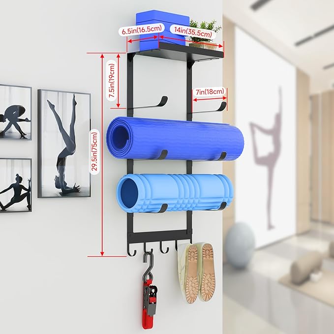 LSK Yoga Mat Holder Wall Mount, 4-Tiers Yoga Mats Storage, Black | Home Gym Storage Rack with Floating Shelf for Storing Fitness, Yoga Rollers, 5 Hooks for Skipping-Rope, Small Gym Equipment