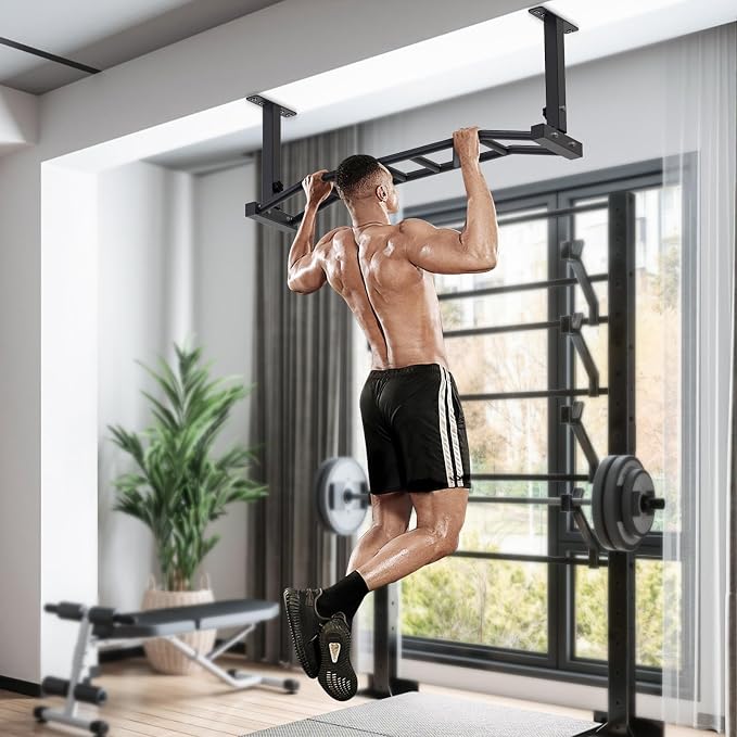 Kipika 48" Ceiling Mounted Pull Up Bar, Heavy Duty Multi-Grip Chin Up Bar,Mounted Pullup Bar, Adjustable Height, Pull Up Bands for Chin Ups & Body Stretching, Ideal for Home Gym and Strength Training