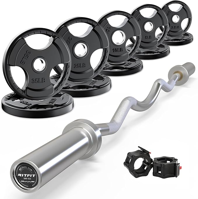RitFit 2 Inch EZ Curl Bar Olympic Barbell with Weight Plates & Collar | 4FT EZ Curl Bar Olympic Barbell with Collars for Bicep, Tricep Workout, Weightlifting, 350LBS Weight Capacity