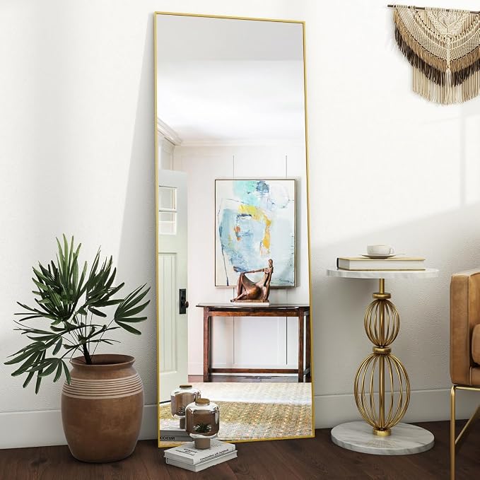 VooBang Mirror Full Length, 21" x 64" Floor Mirror with Stand | Aluminum Alloy Frame Full Body Mirror, Standing Hanging or Leaning Against Wall for Bedroom and Living Room, Gold
