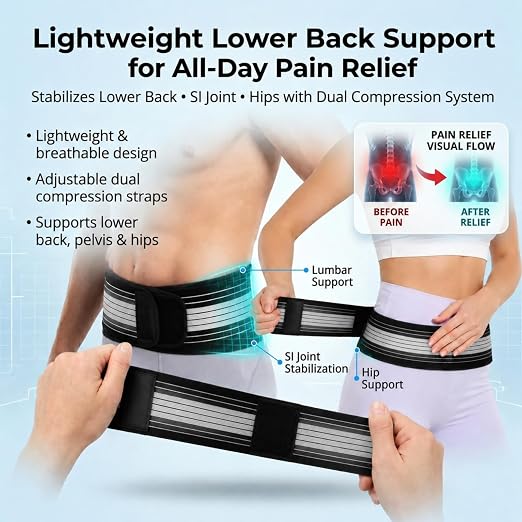 Lightweight Back Brace for Women Men, Pain Relieving Wide Lumbar Support | Adjustable Dual Compression Support Belt Alleviates Lower Back, Hip, Sciatica Pain – Ideal for Work, Exercise & Daily Wear
