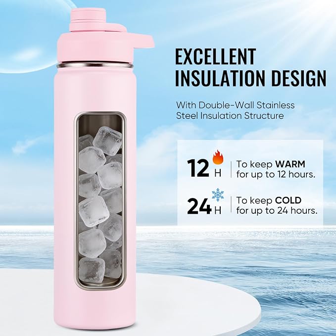 Fijinhom Insulated Water Bottle with Handle, 304 Stainless Steel Water Bottles with Wide Mouth, Double Wall Vacuum Sports Water Bottle, BPA Free, Keep Cold and Hot, 24 Ounces, Pink