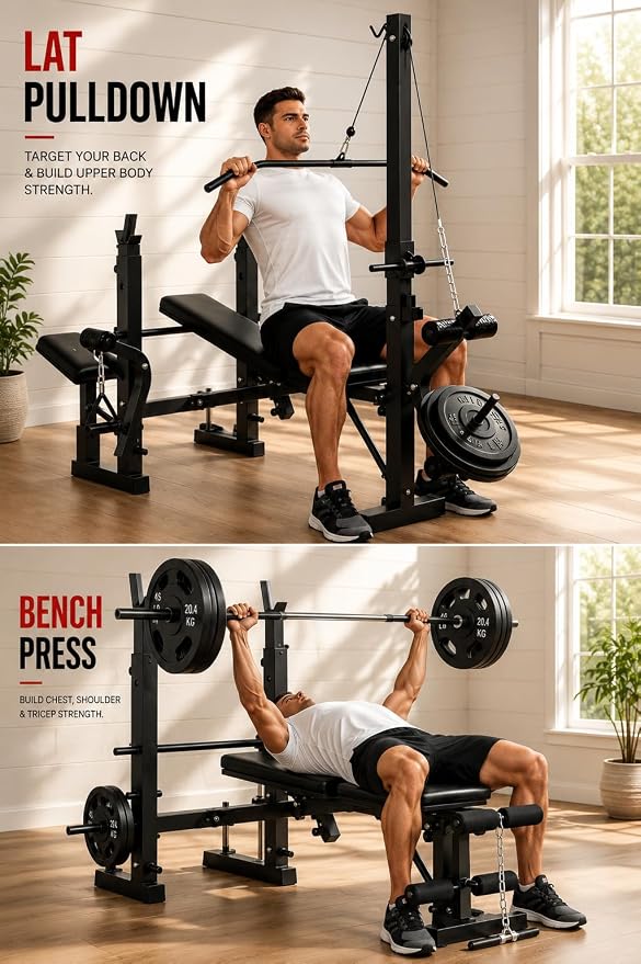 Garvee 8 in 1 Adjustable Weight Bench Set, Lat Pulldown & Leg Extension Foldable Bench Press Set with Preacher Curl Pad, Chest Fly, Leg Curl, Rack, Full Body Home Gym Strength Training Equipment