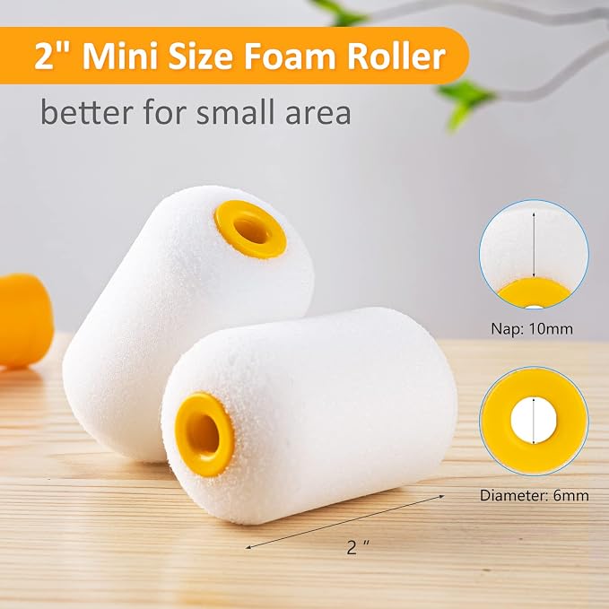 Mister Rui Mini Foam Paint Rollers Covers, 12 Pack 2 Inch Foam Rollers | High Density Mini Foam Rollers for Painting, Trim, Touch-ups Cabinets, Doors, Professional or DIY Use and Home Improvement