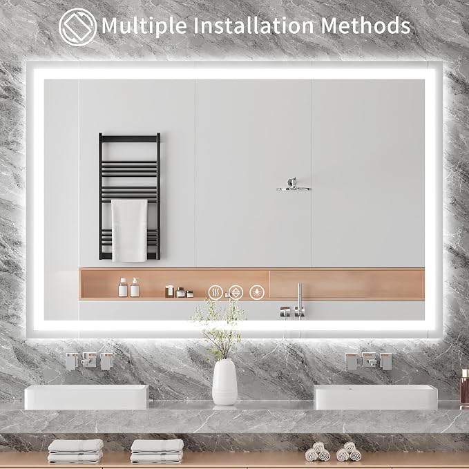 Koonmi 60x40 LED Bathroom Mirror with Light, Anti-Fog, 3 Colors | Backlit + Front Lit, Dimmable Brightness, Shatterproof HD Distortion-Free Tempered Glass, Hardware Included