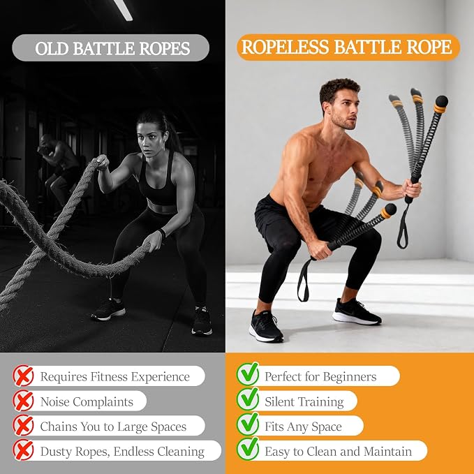 Ropeless Battle Ropes for Exercise Workout Rope, Portable Workout for Home Gym, Exercise Battle Ropes for HIIT Workouts, Low-Impact Cardio Training (Black with Ring)