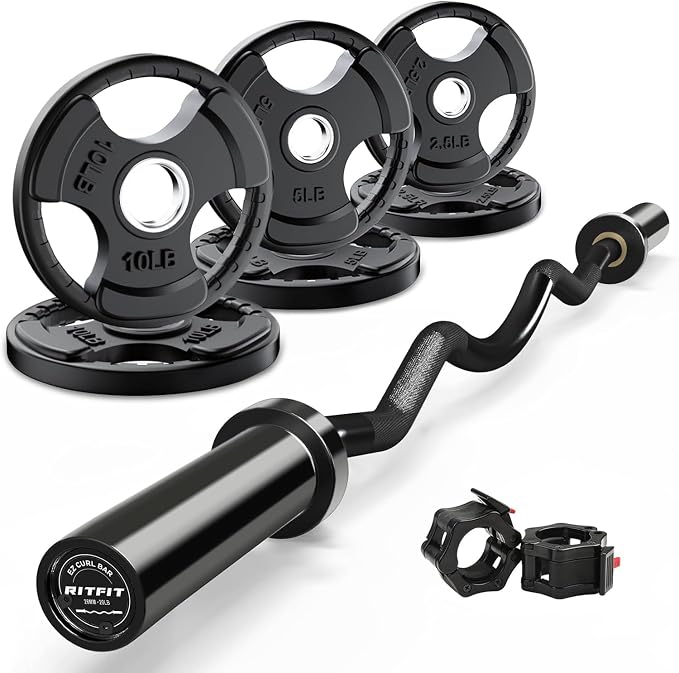 RitFit 2 Inch EZ Curl Bar Olympic Barbell with Weight Plates & Collar | 4FT EZ Curl Bar Olympic Barbell with Collars for Bicep, Tricep Workout, Weightlifting, 350LBS Weight Capacity