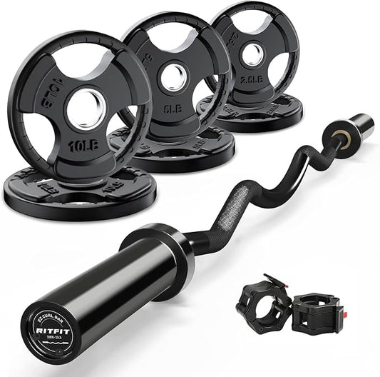 RitFit 2 Inch EZ Curl Bar Olympic Barbell with Weight Plates & Collar | 4FT EZ Curl Bar Olympic Barbell with Collars for Bicep, Tricep Workout, Weightlifting, 350LBS Weight Capacity