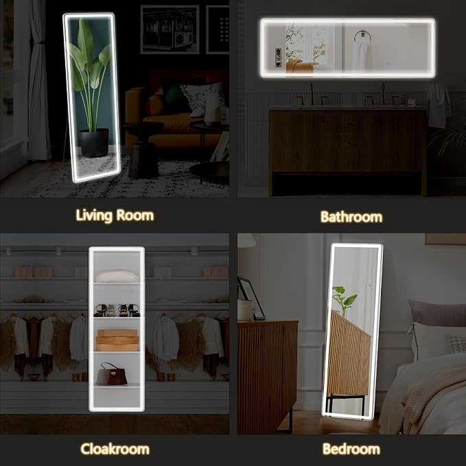 Sweetcrispy LED Full Length Floor Mirror, 65"x21" Lighted Full Body Mirror | Standing Mirror with Dimming & 3 Color Lighting, Shatterproof Tempered Glass, Wall Hanging or Leaning for Home Decor, White