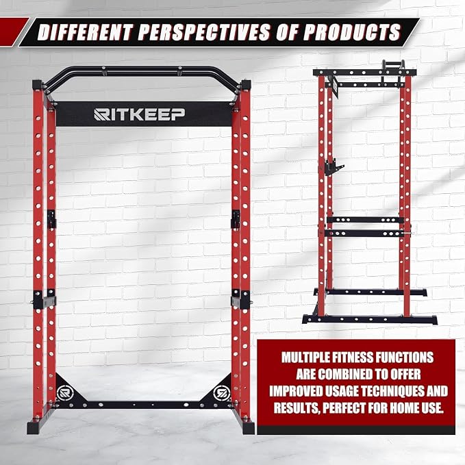 RitKeep Power Rack, Adjustable Multi-Function Squat Rack for Home Gym | 3-in-1 Power Cage with 1200LB Capacity, J-hooks, safety bars and multi-grip pull-up bar for strength training -RMAX 2250