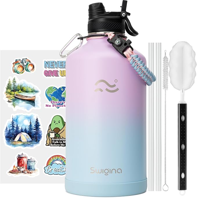 Swigina [2-IN-1 LID] Gallon Insulated Water Bottle with Silicone Boot (48hrs Cold/24hrs Hot) - DIY Stickers, Leakproof, BPA Free, 128 oz