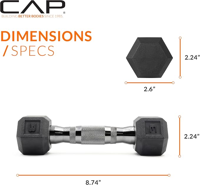 CAP Rubber Coated Dumbbell Weights, Free Weights for Home Gym Strength Training, Anti-Roll Hex Dumbbells with Black, Chrome & Comfort Grip Handles, Pairs & Sets