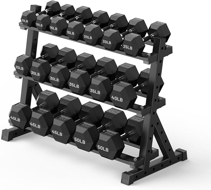 PAPABABE Dumbbell Set with Rack, 540-850lb, Rubber Encased, Home Gym | Complete & Durable Cast Iron Core Odorless PVC Antiroll Hex Shape Ergonomic Chrome Handle Versatile Home Gym