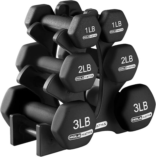 HolaHatha 1, 2 and 3 lb Neoprene Dumbbell Strength Training Weight Set with Rack