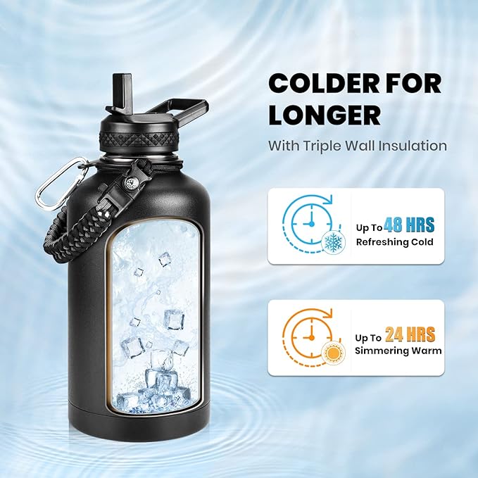 RAYMYLO Insulated Water Bottle 64 oz, Triple Wall Vacuum Stainless Steel (Cold for 48 Hrs), Leak Proof & Non-BPA, Half Gallon Water Flask Jug with Paracord Handle & Straw Spout Lids, Magic Black | (Cold for 48 Hrs), Leak Proof & Non-BPA, Half Gallon Wa...