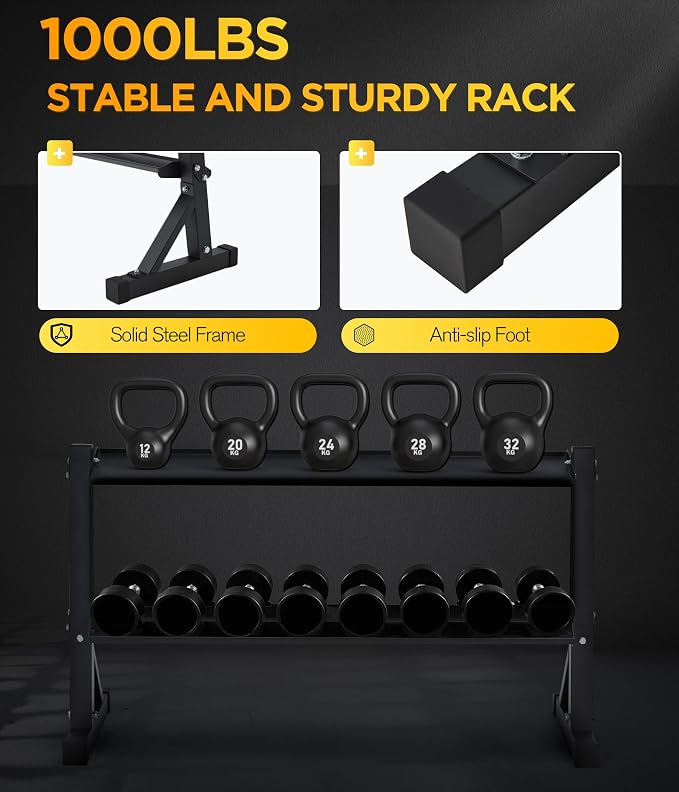 48" Kettlebell Storage Rack | 2-Tiers,1000LBS Weights Storage for Free Weights, Dumbbells, Kettlebells and Medicine Ball,Black,for Home Gym