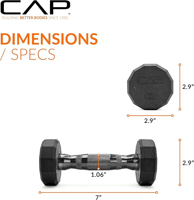 CAP Rubber Coated Dumbbell Weights, Free Weights for Home Gym Strength Training, Anti-Roll Hex Dumbbells with Black, Chrome & Comfort Grip Handles, Pairs & Sets