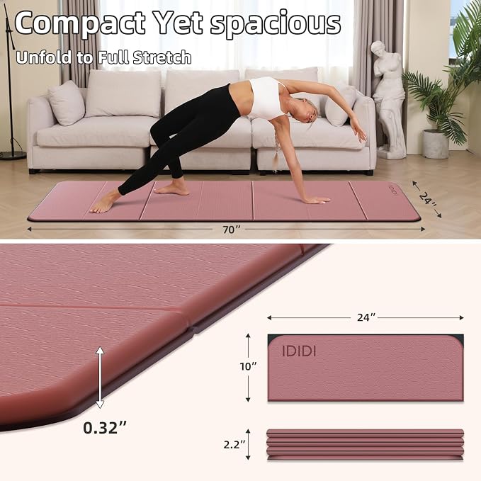 Foldable Yoga Mat Extra Thick 0.32 Inches(8mm) | SGS-certified, odorless POE. Non-slip surface & no curling edges. Great for yoga, Pilates & home gym.