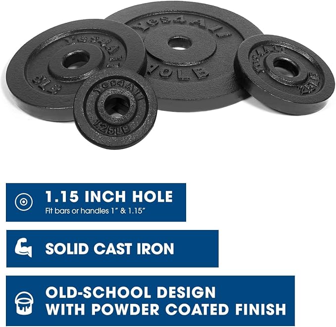 Yes4All Cast Iron Weight Plates, 1.15-Inch Standard Hole Weight Plate Set of 4 & 8, Fits Dumbbell Handles for Strength Training, Weightlifting & Home Gym Workouts