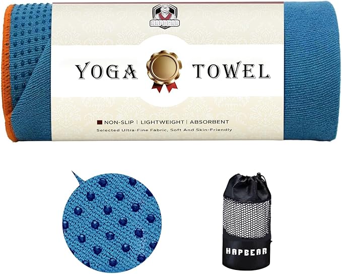 HAPBEAR Non Slip Yoga Mat Towel with Grip Dots, 72" x 24" Hot Yoga Towel - Super Absorbent Microfiber Yoga Towel for Hot Yoga, Bikram, Pilates and Gym Workout - Blue
