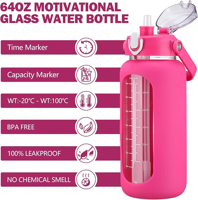 64oz Glass Water Bottles with Straw, Half Gallon Motivational Glass Bottle with Silicone Sleeve and Time Marker, 2L Leakproof Large Glass Water Jug for Gym Home Office, Rose Red