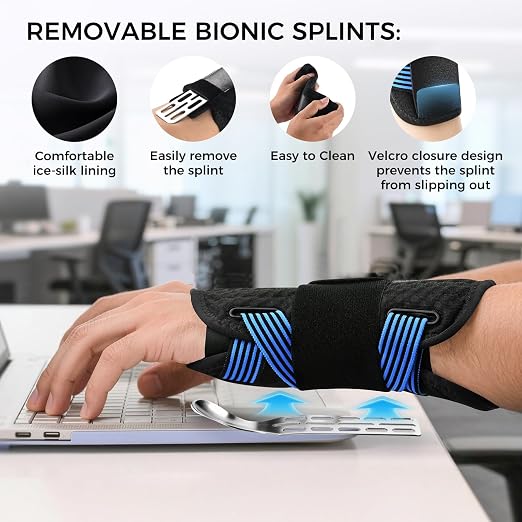 Carpal Tunnel Wrist Brace with Removable Splints, Breathable Wrist Support for Men & Women, Night & Work Support, Pain Relief, Tendonitis, Sprain, Rigid Hand Brace for Arthritis, Right Hand (S/M, Black/Blue)