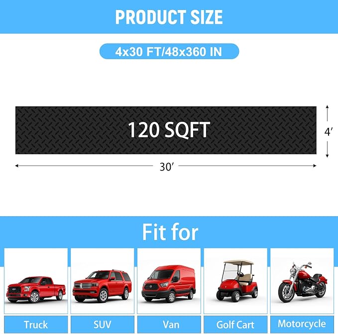 4x30 FT Garage Floor Mat, 2.8mm Thickened Diamond Plate | PVC Flooring Roll for Under Car/Golf Cart/Motorcycle, Garage Mat for Warehouse/Basement/Gyms/Trailer, Tapes Included, Black