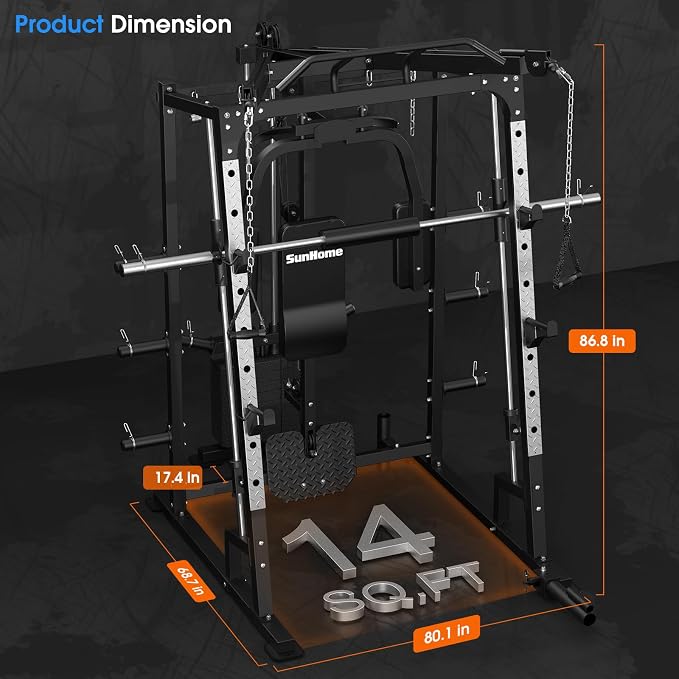 SunHome Smith Machine, 2000LBS Power Cage Squat Rack with Smith Bar, LAT Pull-Down Systems, Cable Crossover Machine for Home Gym