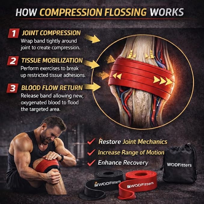 WODFitters Floss Bands for Muscle Compression Tack & Flossing, Mobility & Recovery WODs - Latest Technology - 2 Pack with Carrying Bag