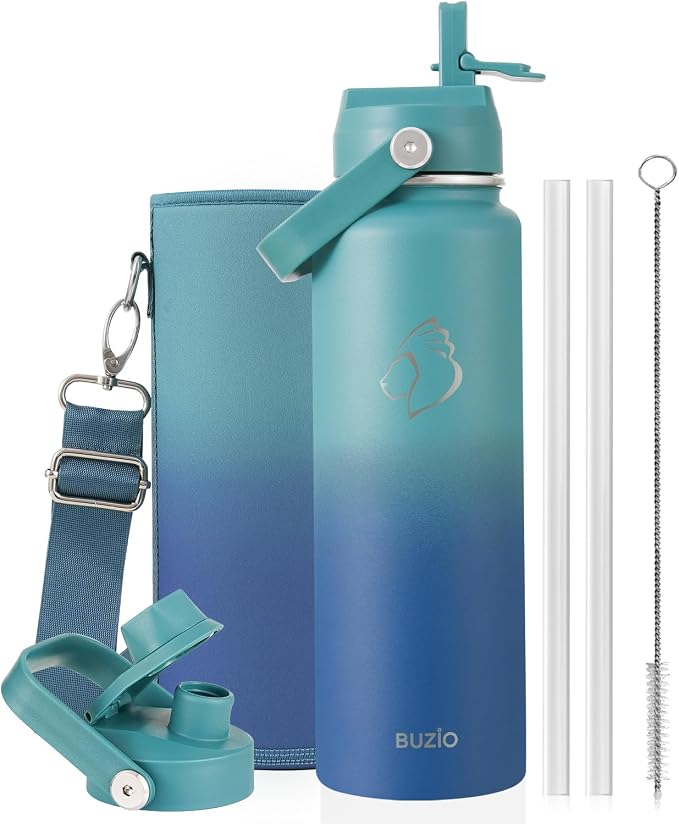 BUZIO 24 oz Insulated Water Bottle, Stainless Steel Wide Mouth Water Flask with Straw Lid, Cold for 48 Hrs Leak Proof Metal Hydro Thermo Canteen Mug, Gradient Cyan