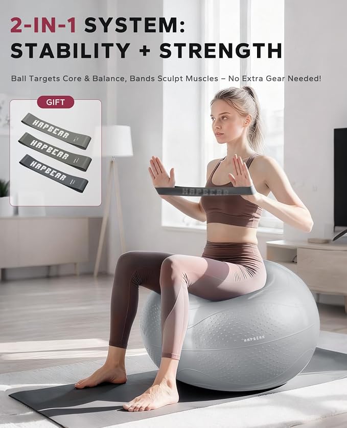 HAPBEAR Exercise Ball- Anti-Burst Slip-Resistant Yoga/Pilates Ball for Core Training & Posture Improvement, Home Gym/Rehab/Pregnancy Ball, Quick Pump & 3 Resistance Bands Included