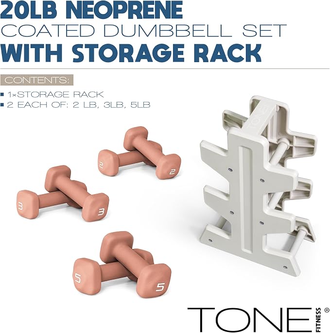 Tone Fitness Neoprene Dumbbell Set with Storage Rack – Non-Slip, Anti-Roll Hand Weights for Home Gym Workouts | 20 lb, 32 lb, 50 lb, 60 lb & 100 lb Options