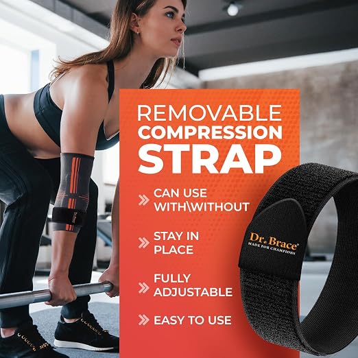 DR. BRACE® Elite Elbow Brace Support with Removable Strap for Women & Men, Pain Relief for Tendonitis, Arthritis, Golfer's & Tennis Elbow Treatment, Elbow Sleeve for Workouts Weightlifting (Grey-Orange, Small)