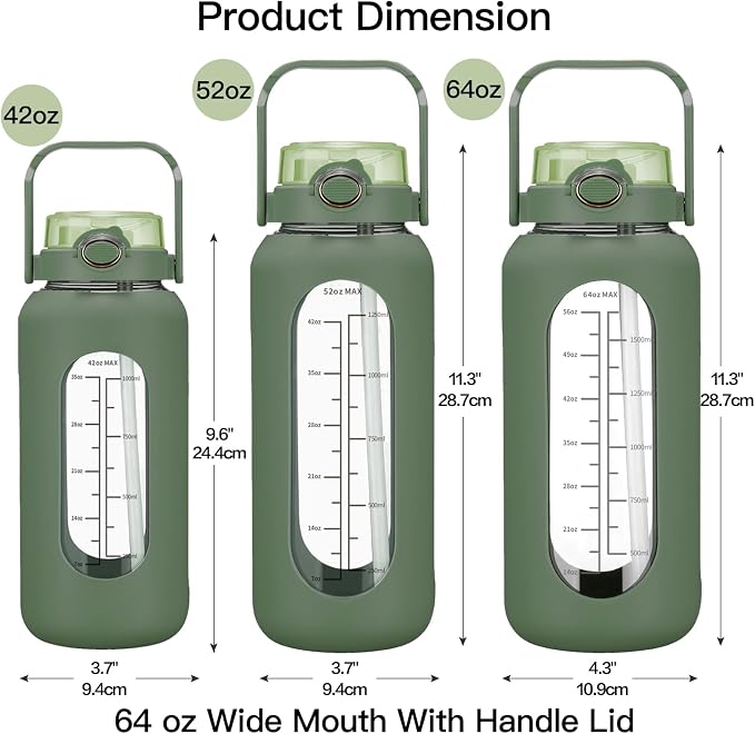 chunmo 64oz Glass Water Bolttles with Straw Half Gallon Large Motivational Water Bottle with Time Marker Sports Water Bottles with Silicone Sleeve and Handle Lid Water Jug for Gym Workout