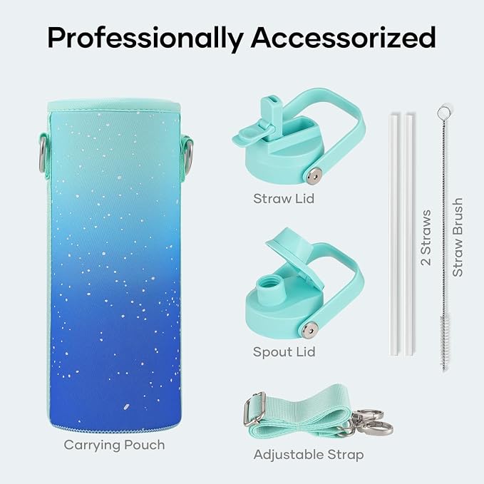 BUZIO 24 oz Insulated Water Bottle, Stainless Steel Wide Mouth Water Flask with Straw Lid, Cold for 48 Hrs Leak Proof Metal Hydro Thermo Canteen Mug, Starry Gradient Blue