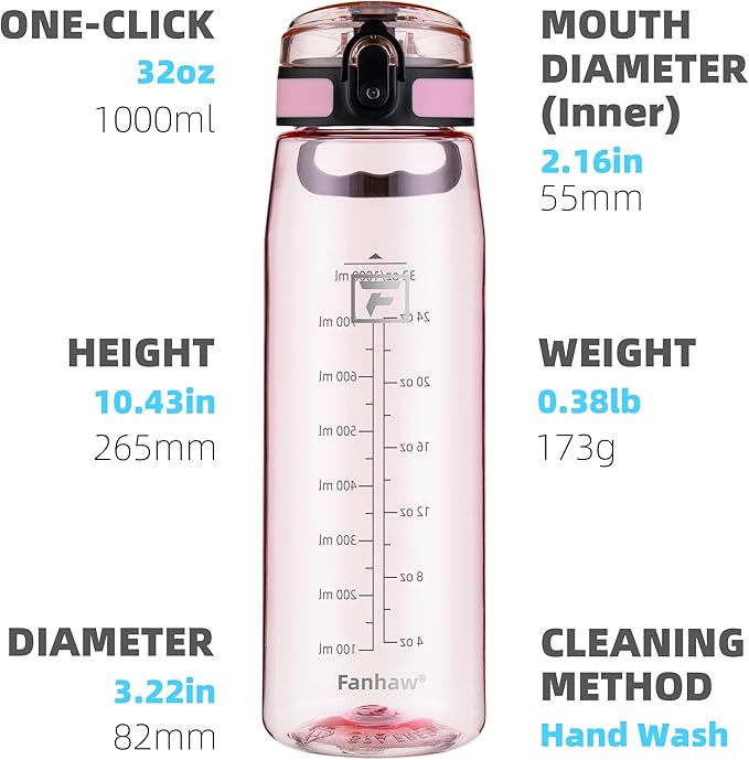 Fanhaw 32 oz Clear Plastic Water Bottle, BPA Free Leakproof Tritan Sports Water Bottle with Chug Lid, Wide Mouth Reusable Bottle for Gym, Travel, School & Office (Cherry Blossom)