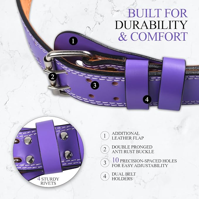 Leather Gym Fitness Belt, 4" & 6" Padded Lumbar Back Support, 10 Adjustable Holes for Weightlifting Powerlifting Bodybuilding Deadlift Squat Workout Strength Training