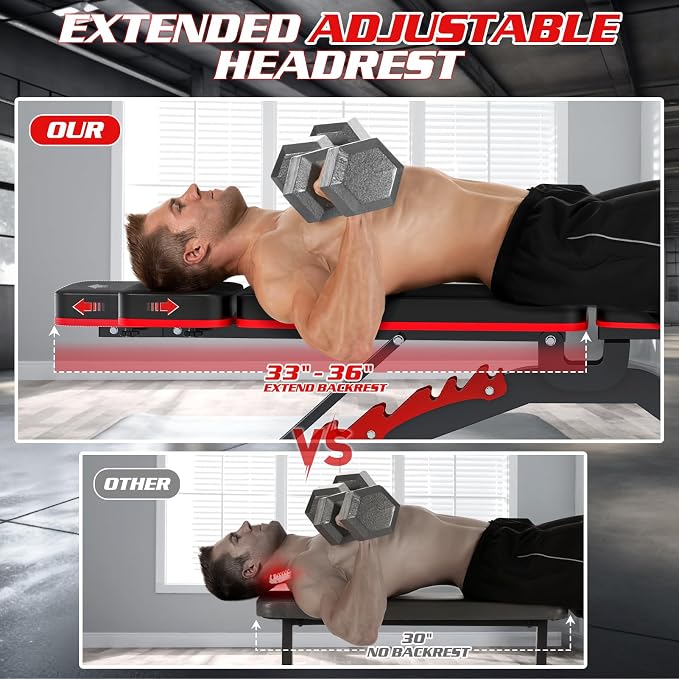 1200LBS Adjustable Weight Bench Press, Heavy-duty Workout Bench for Home Gym, Extra Headrest, Incline Decline strength Training Bench Press for Full Body Workout Extrem Stable