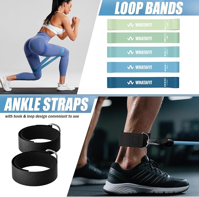 WHATAFIT Resistance Bands with Handles, 5-Level Exercise Bands for Workout | Natural latex,10-50 lbs, stackable to 150,Ankle Straps, Door Anchor,Guide. For Strength, Yoga,Home Gym,Travel & Workout.