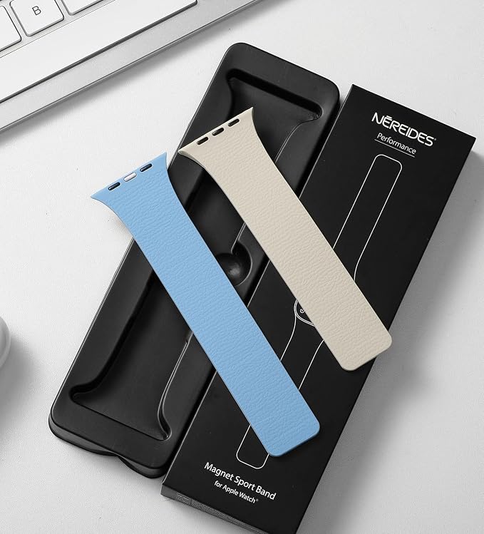 Magnetic Silicone Band Compatible with Apple Watch Band 42mm 41mm 40mm 38mm Series 11 10 9 8 7 6 5 4 3 & SE 3/2/1 Strong Magnetic Clasp, Waterproof & Adjustable (White + Blue)