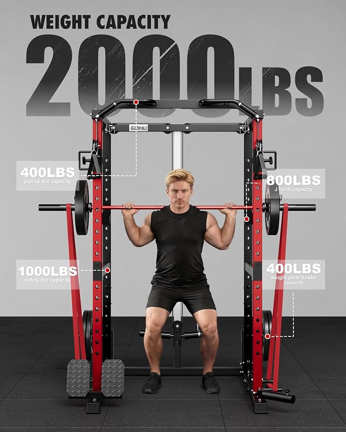 RH01 Power Cage Rack, 2000LBS Squat Rack with with Cable Crossover System&LAT Pull Down System, Multi-Function Workout Cage for Home&Garage Gym