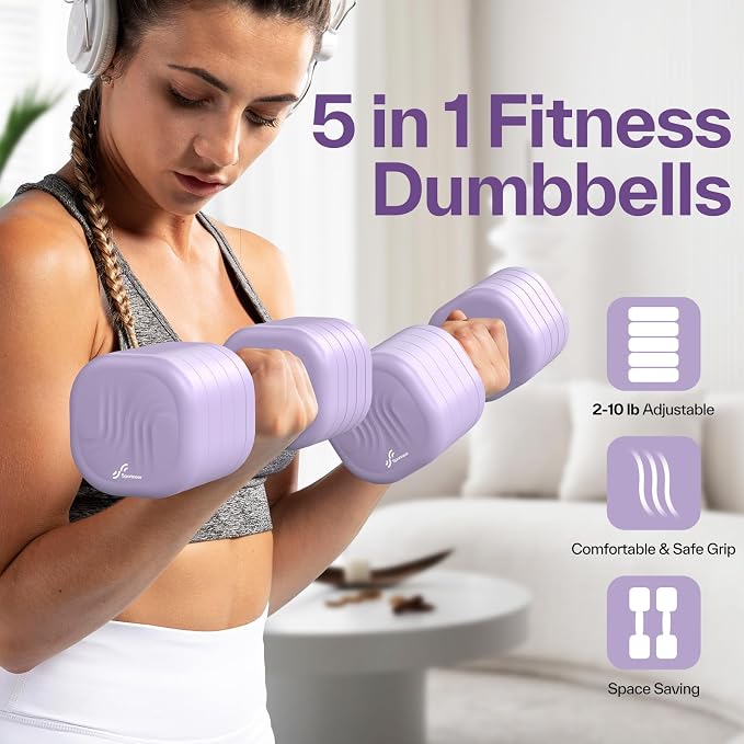 Adjustable Dumbbell Set of 2: Sportneer 4 in 1 Free Weights Dumbbells Set for Women, Hand Weights for Women at Home, Available in 5 lb × 2 and 10 lb × 2 Sets with Soft Rubber Handle for Home Gym Exercise Training