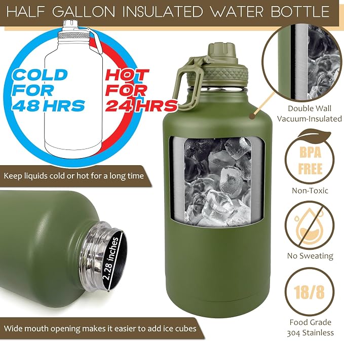 DEFUNX Half Gallon Water Bottle with Sleeve - 64 Oz Insulated Water Jug with Handle - Green Stainless Steel Sports Water Bottle for Gym Workout Hiking Tactical Bottle Holder with Pouch Camo