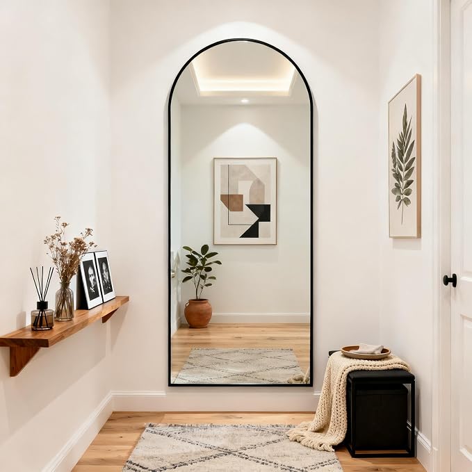 Arched Full Length Mirror 56"x21" Leaning Hanging Decor Black | Standing Body Mirror with Aluminum Frame for Bedroom Cloakroom Living Room Make-up Gift